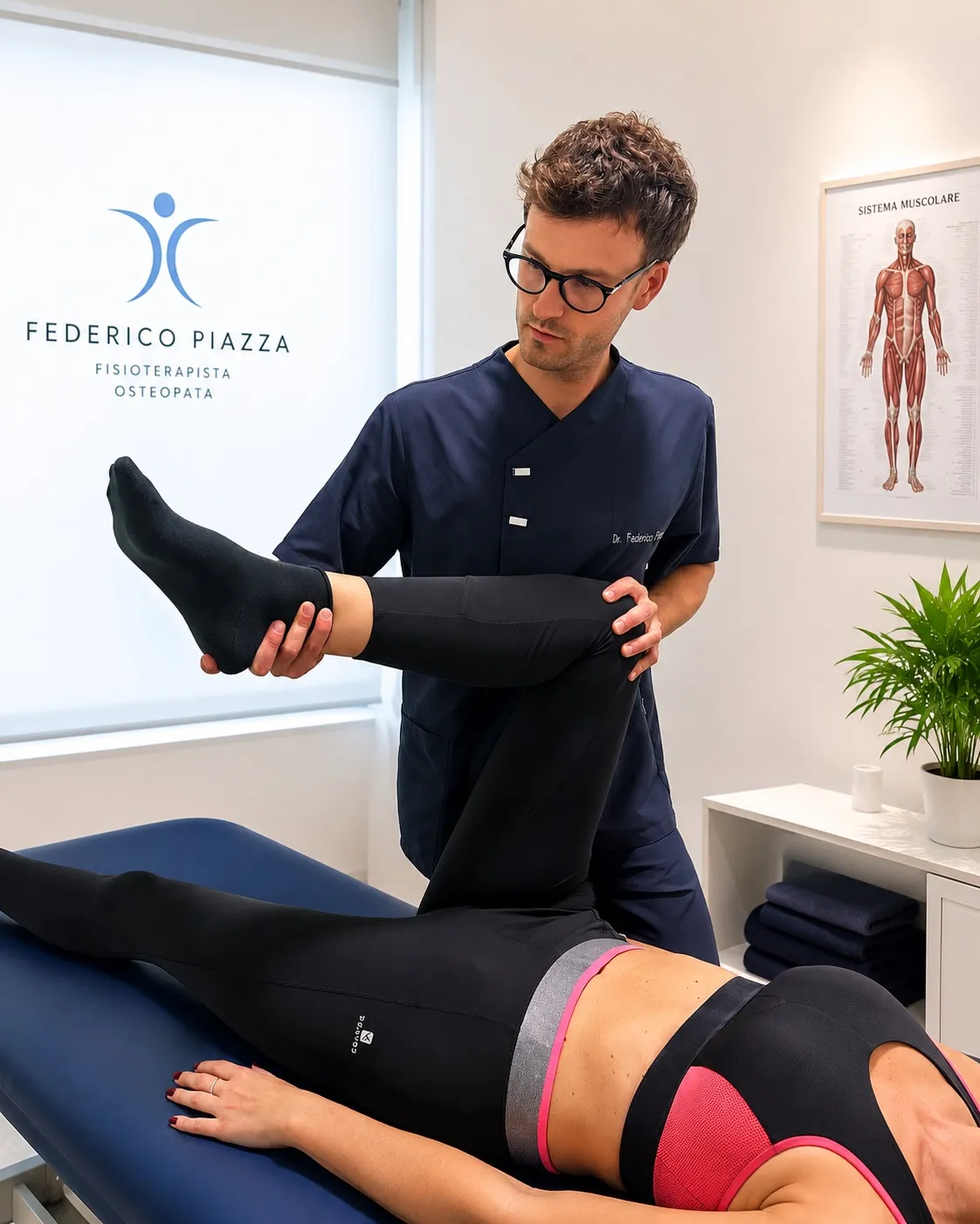 Dr. Federico Piazza esegue una mobilizzazione osteopatica dell'anca nel suo studio a Firenze